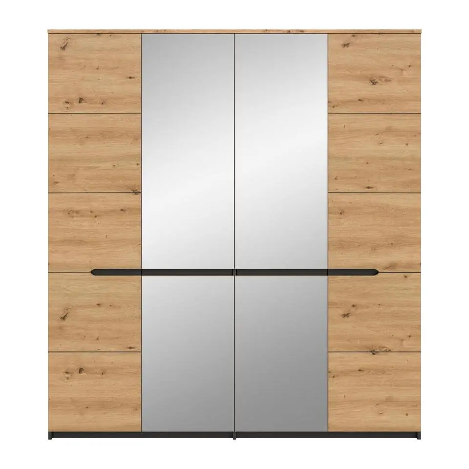 Hioshop Canu kledingkast 2 deuren- 2 spiegeldeuren grijs- eik decor