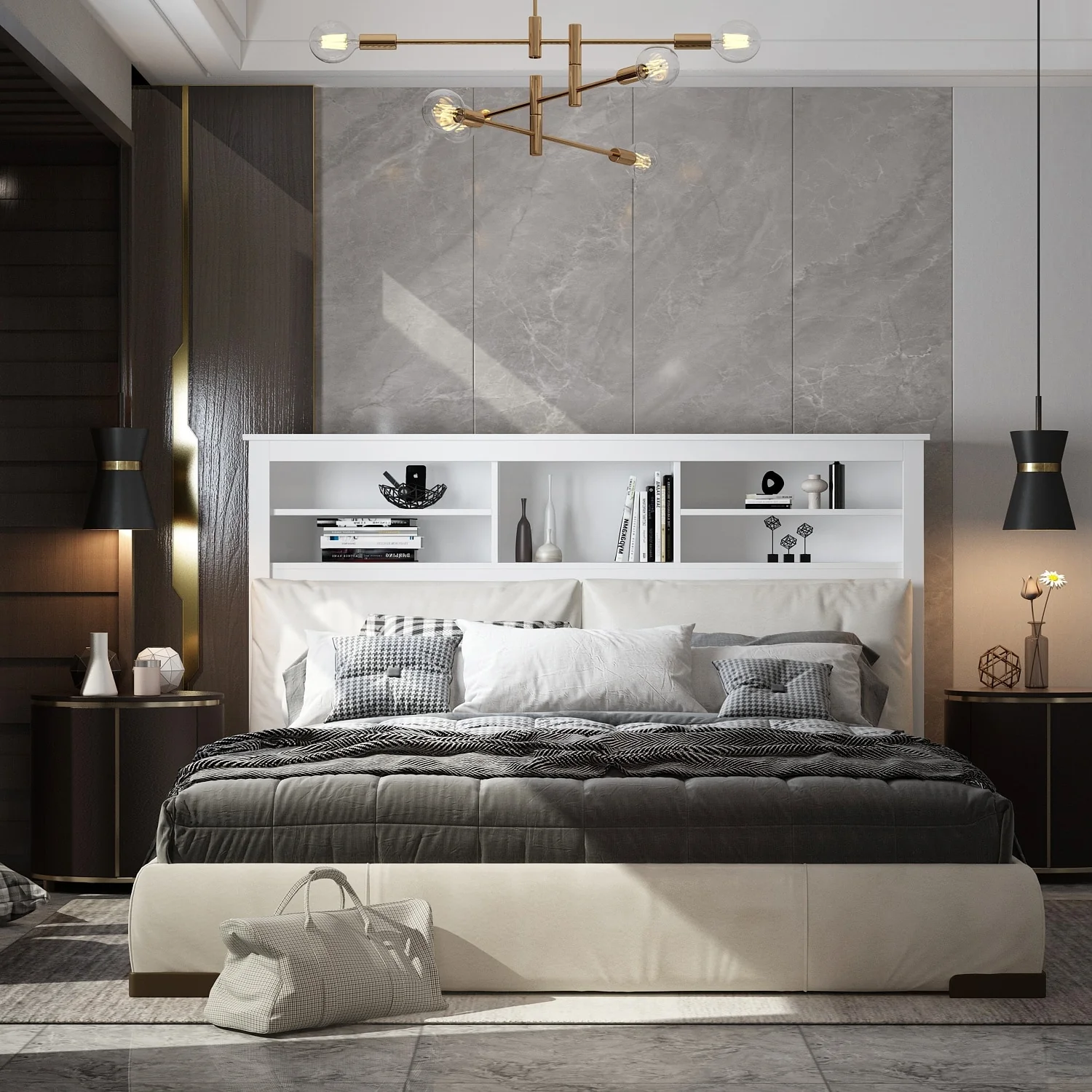 65Timechee Queen Bookcase Headboard RGB Light Adjustable Shelf