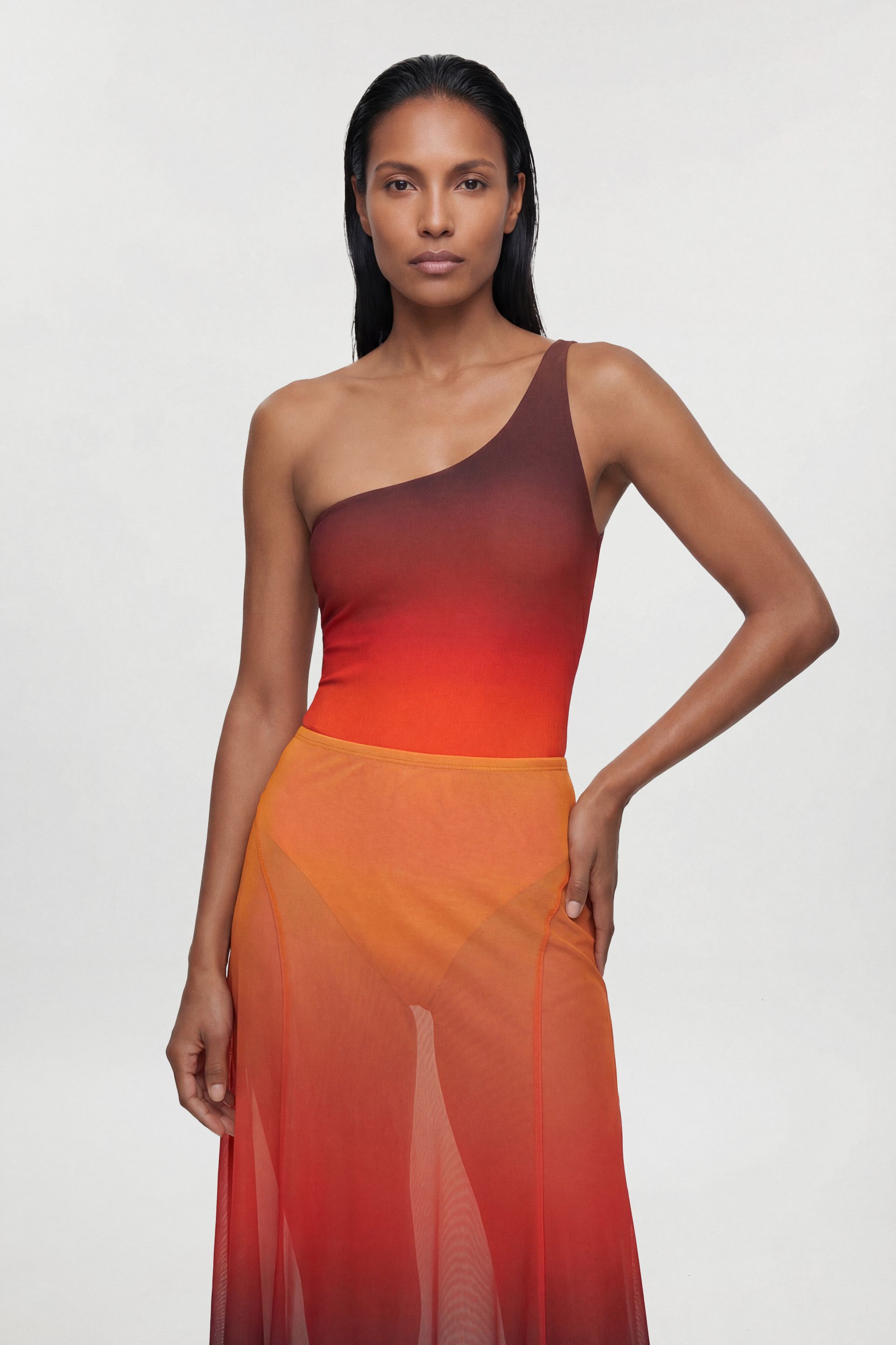 KarenMillen Ombre Sunset Mesh Godet Maxi Skirt