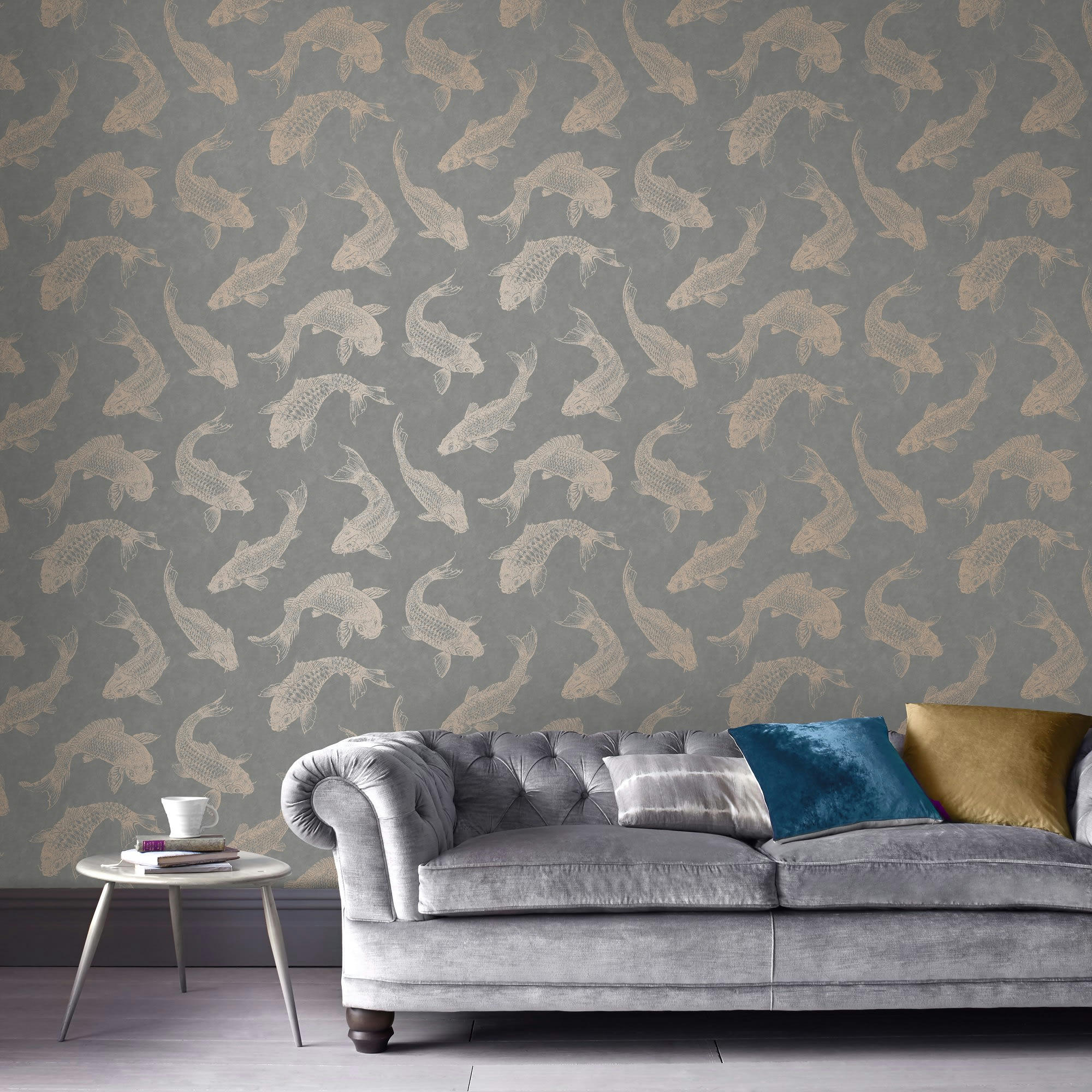 - papier peint carpes royales gris ardoise satiné cuivré 1005x52cm
