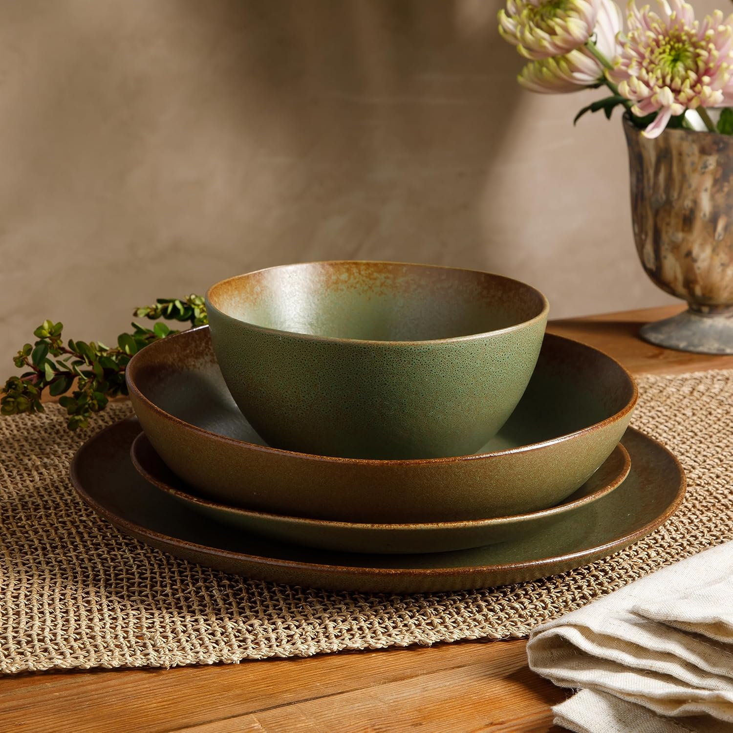 Bloomhouse - Two Time Oprah's Favorite Things Winner - Palermo Sun Double Bowl Stoneware Reactive Glaze Plates and Bowls Dinnerware Set - Cardamom Green, Service for Four (16pcs)