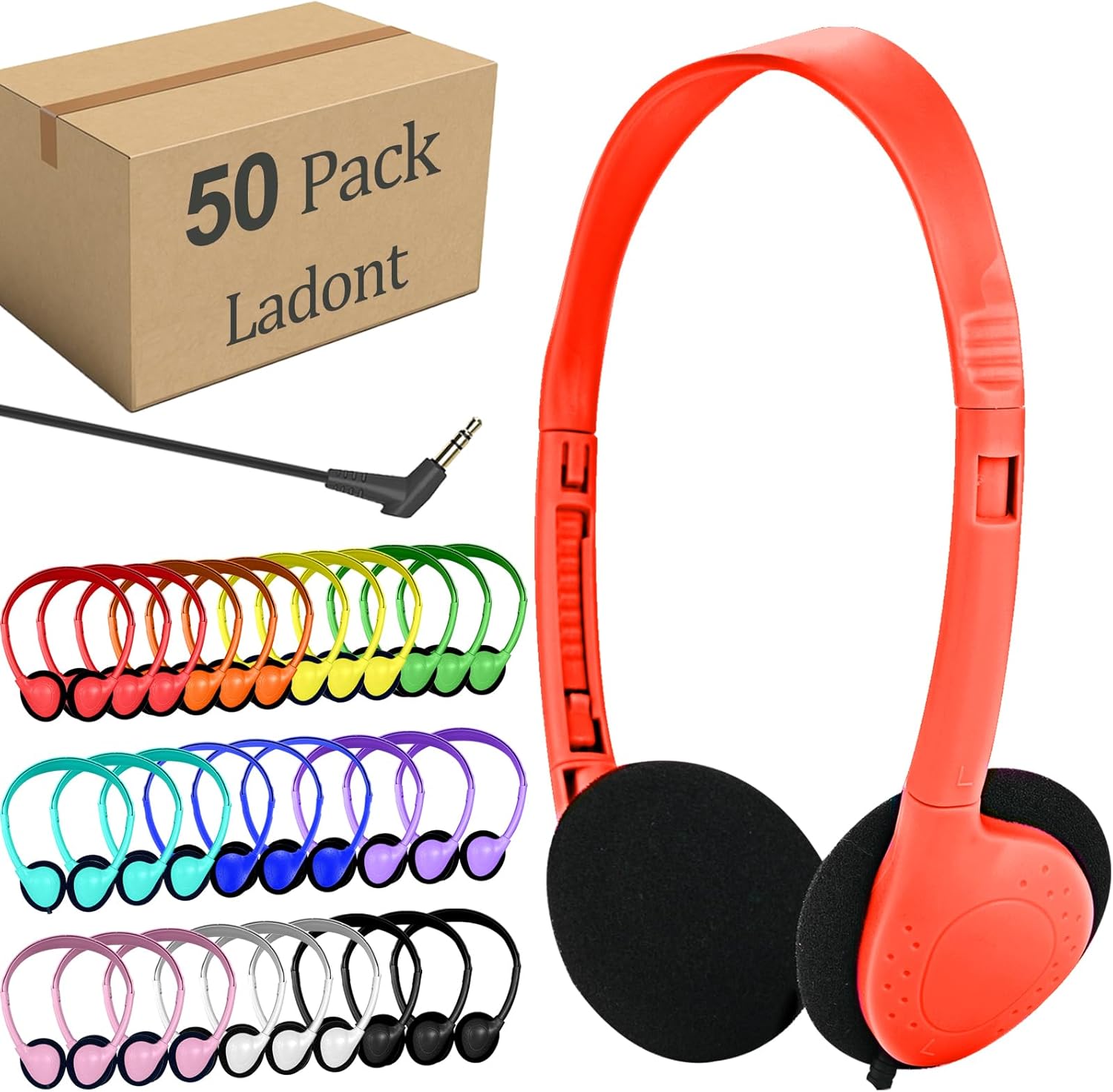 50 Pack Bulk Classroom Headphones for Kids Students School, Multi Color Wired Headphones for Children Teens Boy Girl, 3.5mm Jack for Chromebook Laptop PC