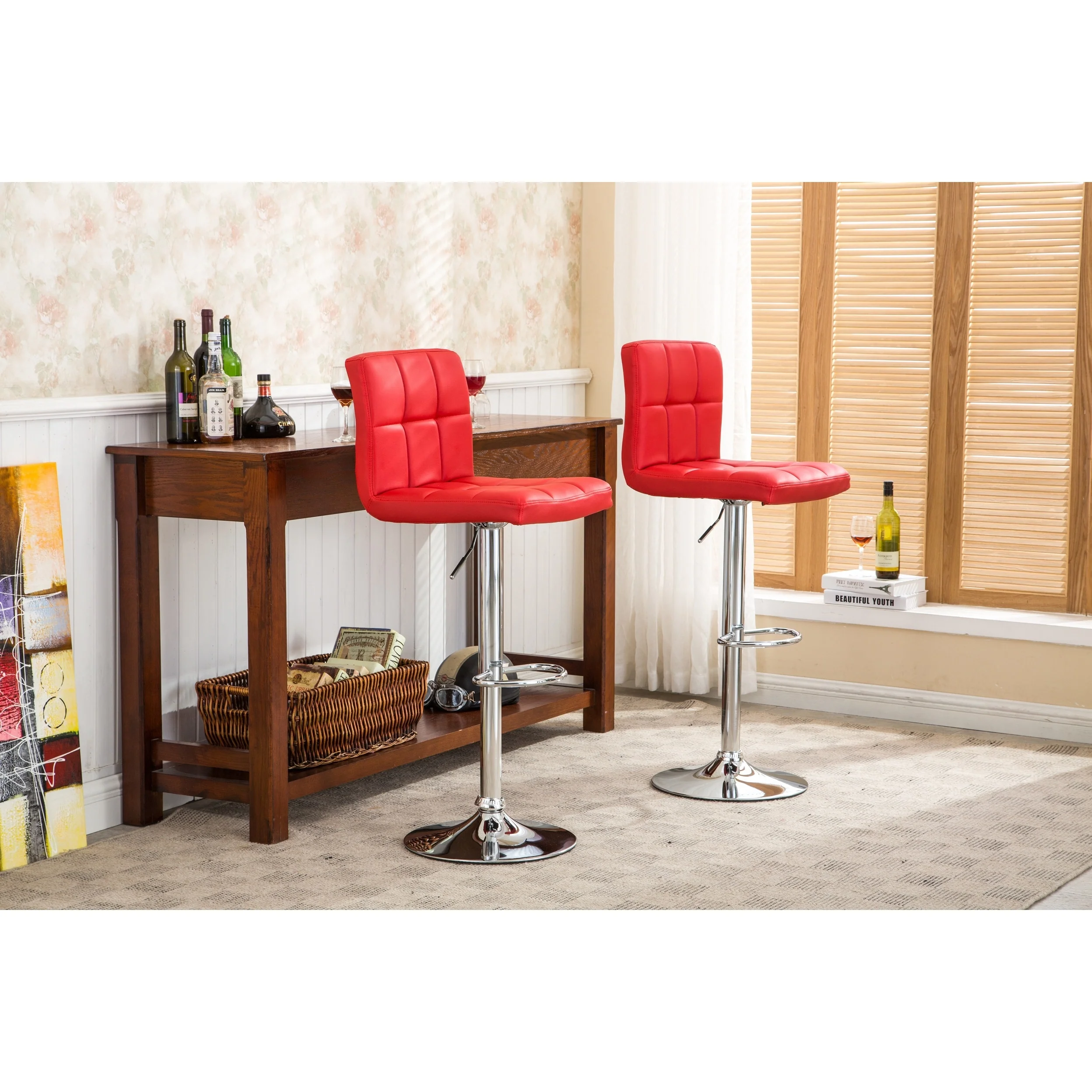 Swivel Faux Leather Adjustable Hydraulic Bar Stool, Set of 2