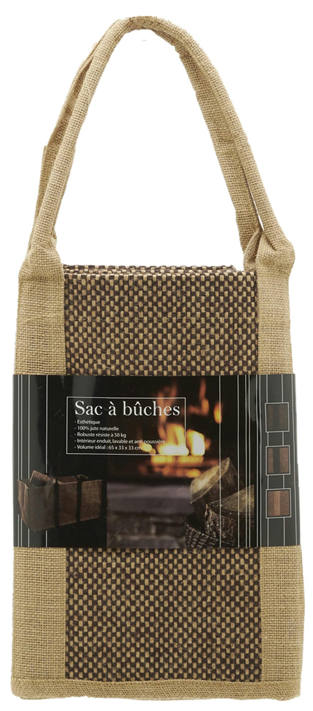 - Sac à bûches en toile de jute anses beiges