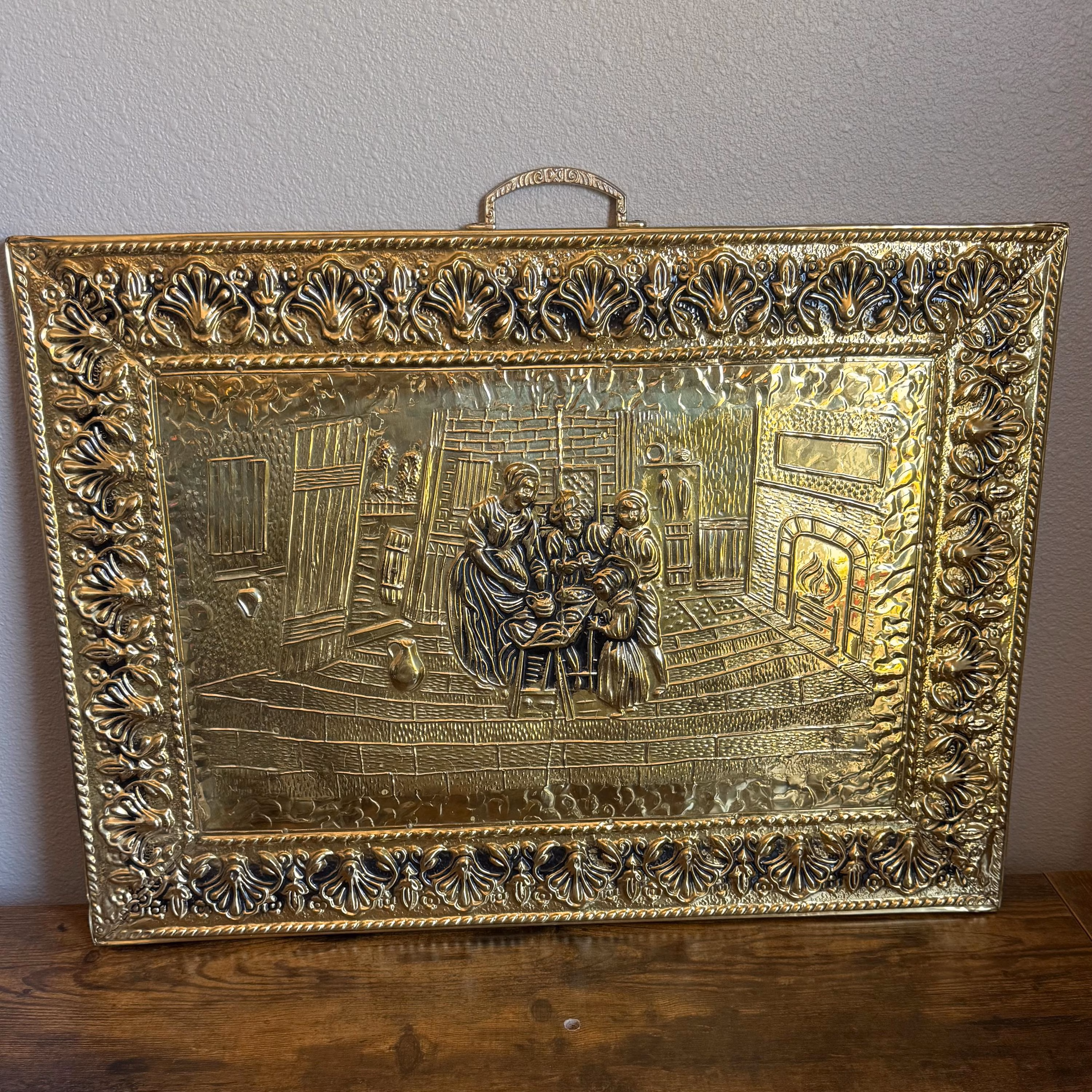 Hammered Brass Fireplace Screen with Victorian Scene