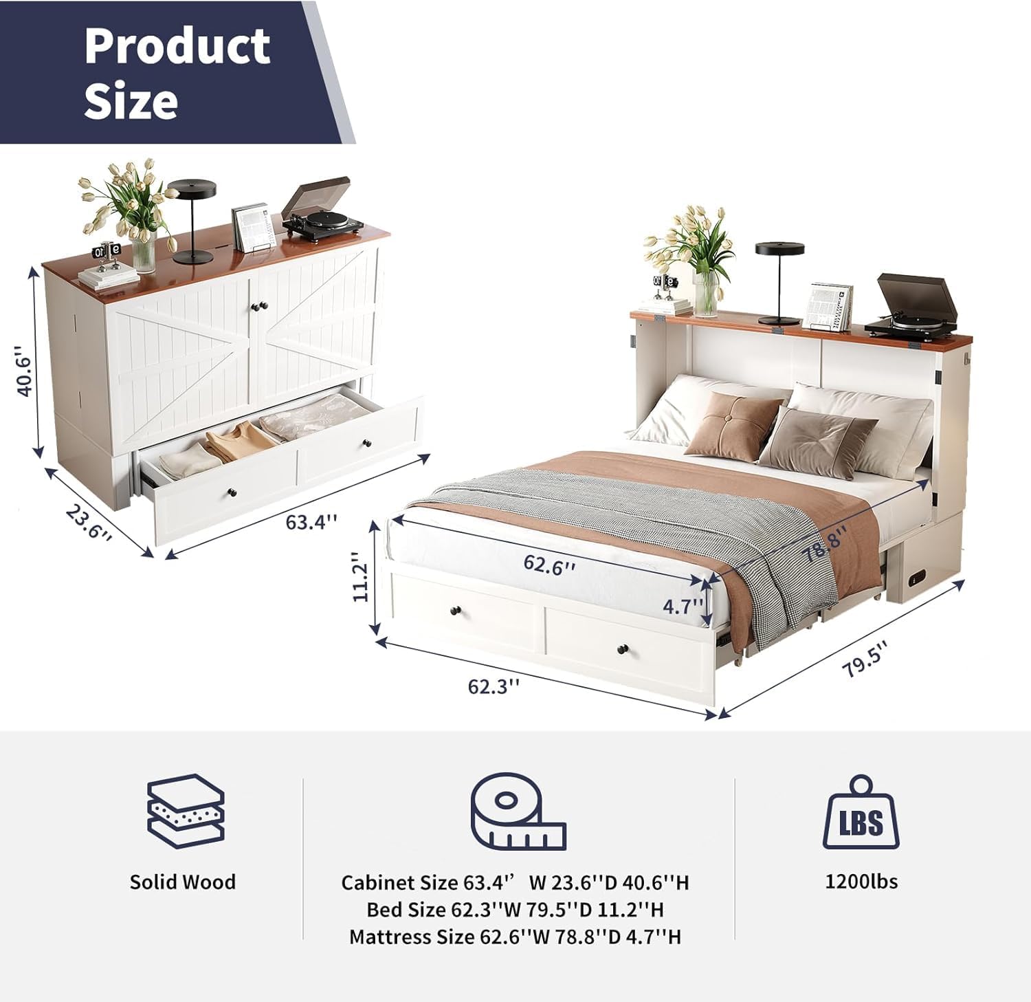 ijuicy Queen Murphy Bed with Mattress Included, Farmhouse Cabinet Bed with Storage Drawer & Charging Station, Foldable Space-Saving Murphy Beds for Guest Bedroom, Living Room (White & Brown)