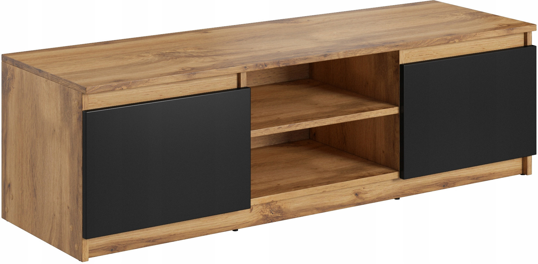 Prosta szafka RTV 120 cm do salonu, 2 szafki i półki wotan/czarny mat z LED