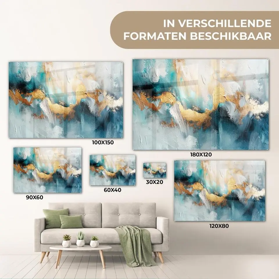 MuchoWow Glasschilderij 60x40cm Abstract Kunst Gold Blauw