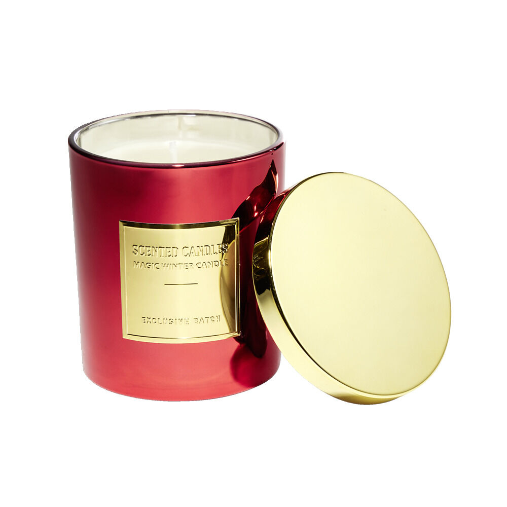 Bougie ronde avec couvercle dans verre métallisé rouge H9cm