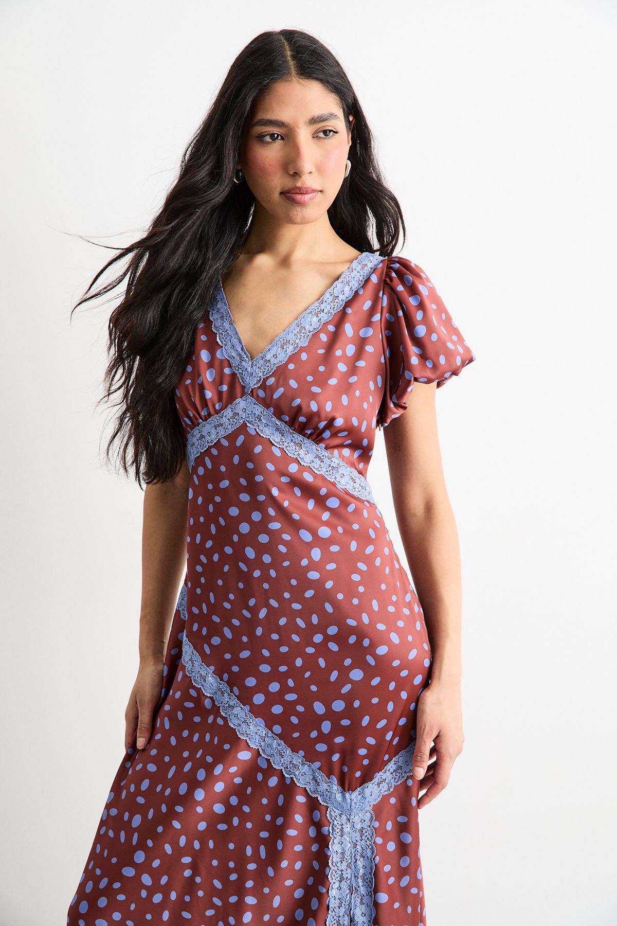 Warehouse Animal Print Puff Sleeve Lace Trim Midi Dress With Split