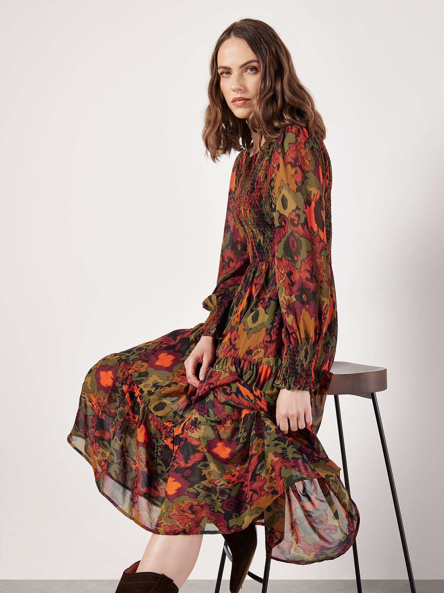 Apricot Ikat Chiffon Smocked Midi Dress