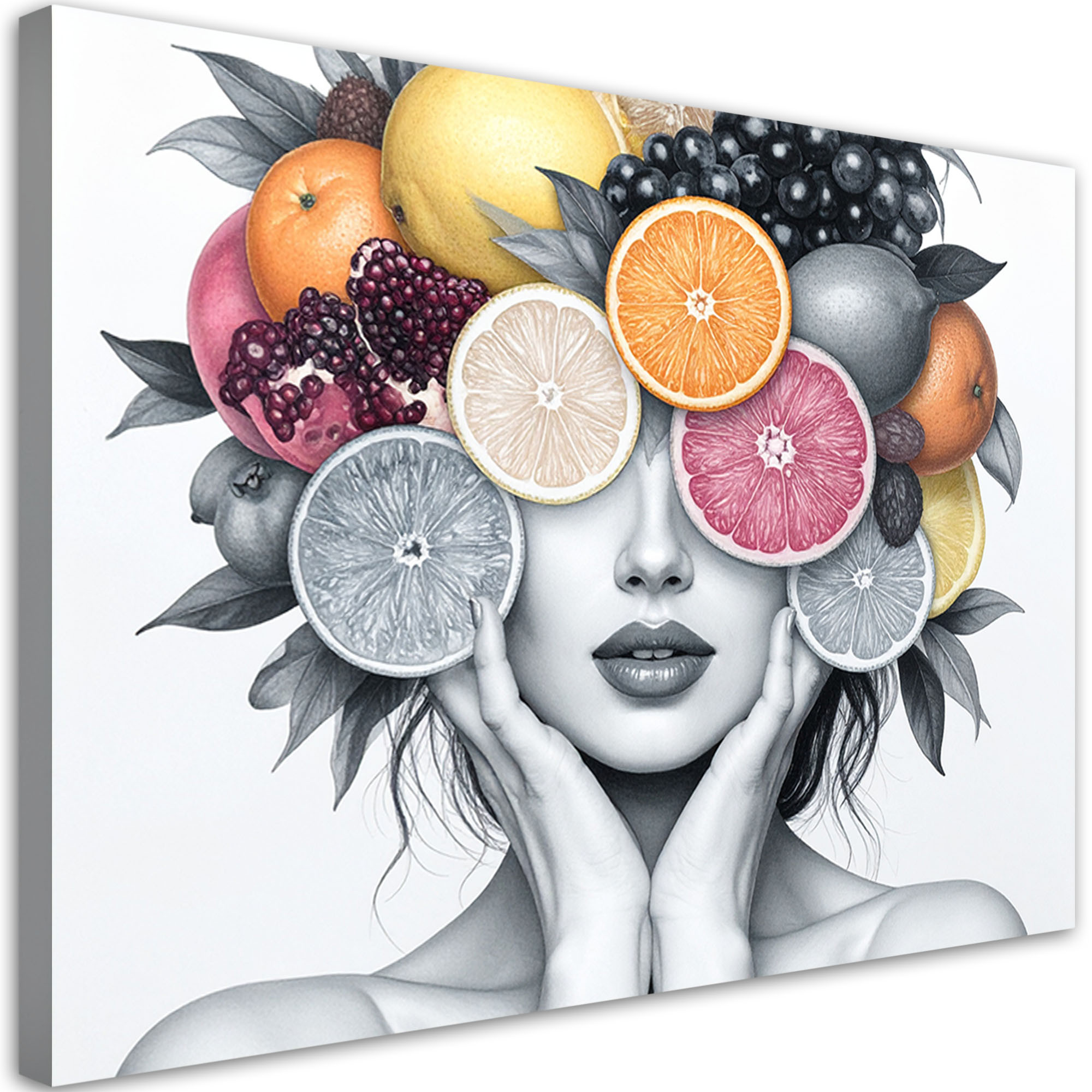 Obraz nowoczesny do salonu kuchni, Kobieta z owocami na głowie 30x20