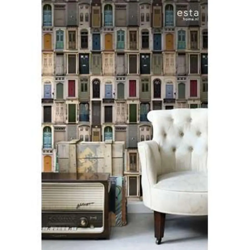 ESTAhome behang XXL - vintage deuren - beige, blauw, rood en groen