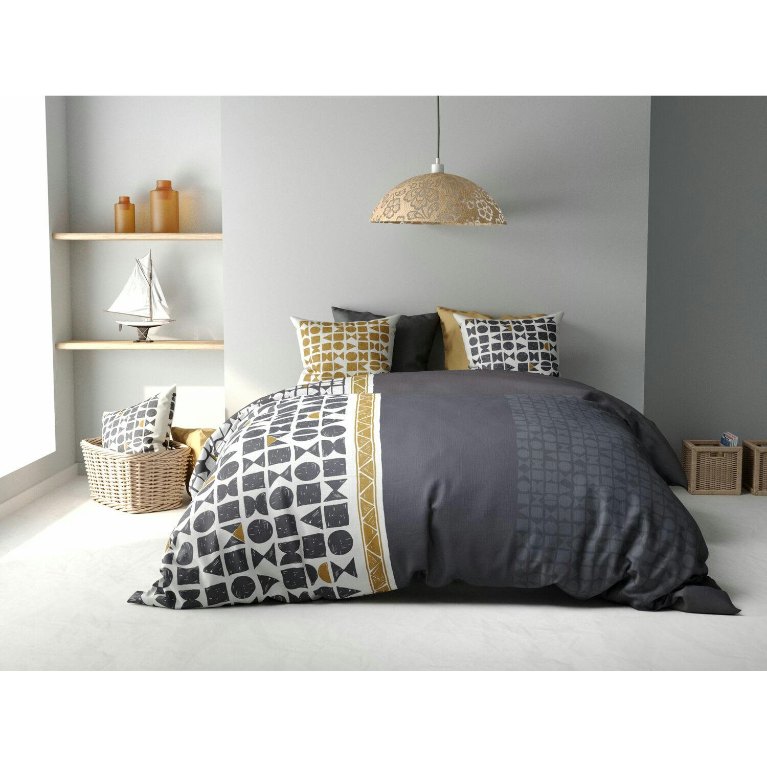 UNION - Parure housse de couette coton marron 200x200 cm