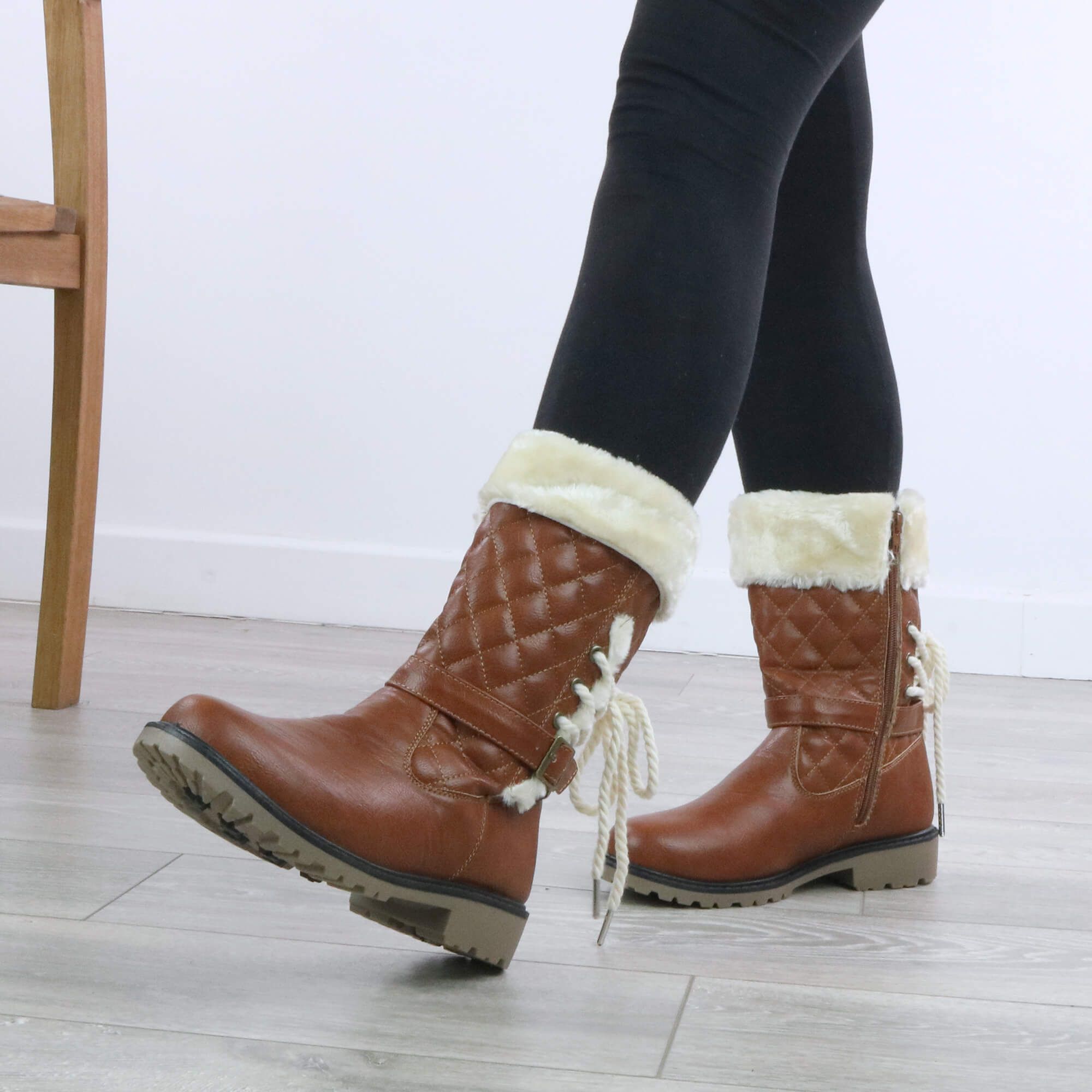 AJVANI Low Heel Faux Fur Lined Winter Mid Calf Boots