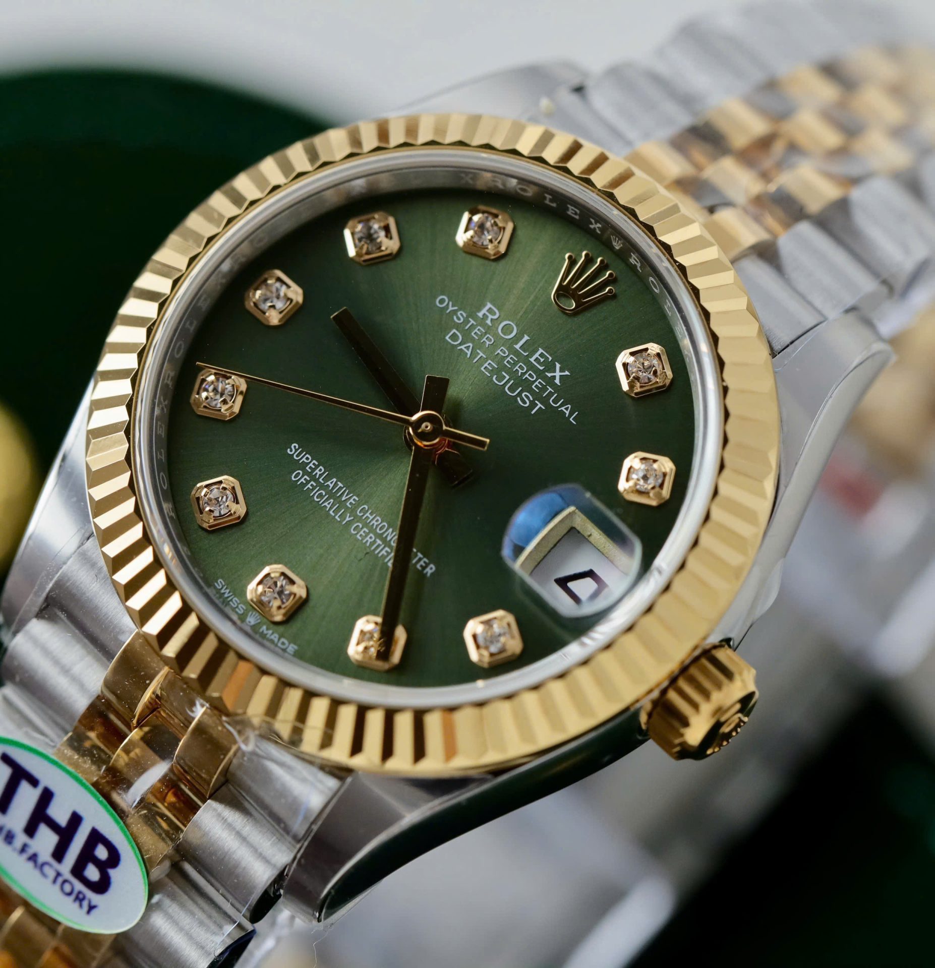 Rolex Datejust SS/YG Plated Green Dial CZ Diamonds 31mm Jub Replica