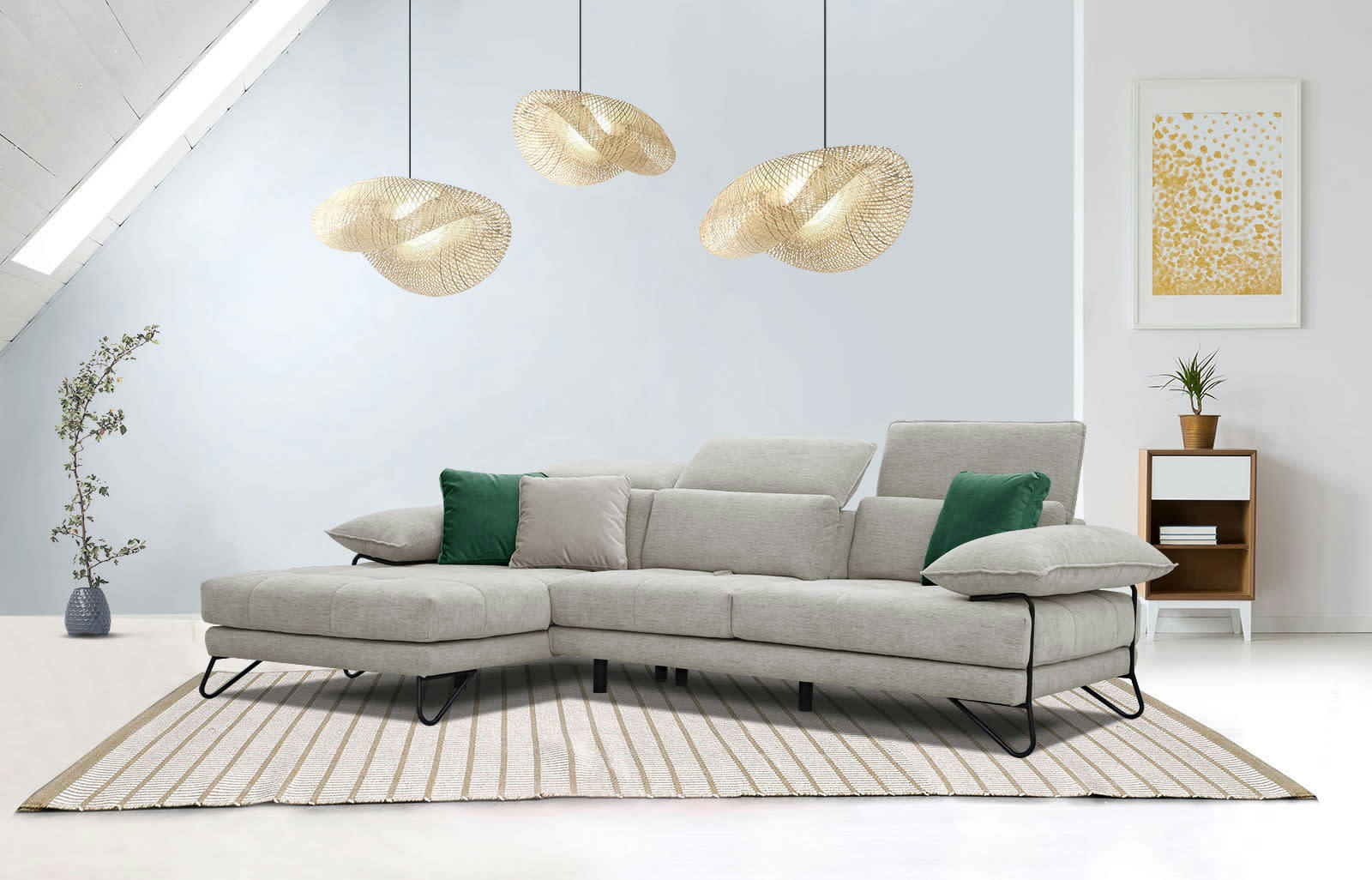 NORDEN - Canapé d'angle gauche 4 places tissu marron clair avec coussins déco