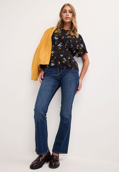 Womens Black & Yellow Floral Cinched Waist Shell Top