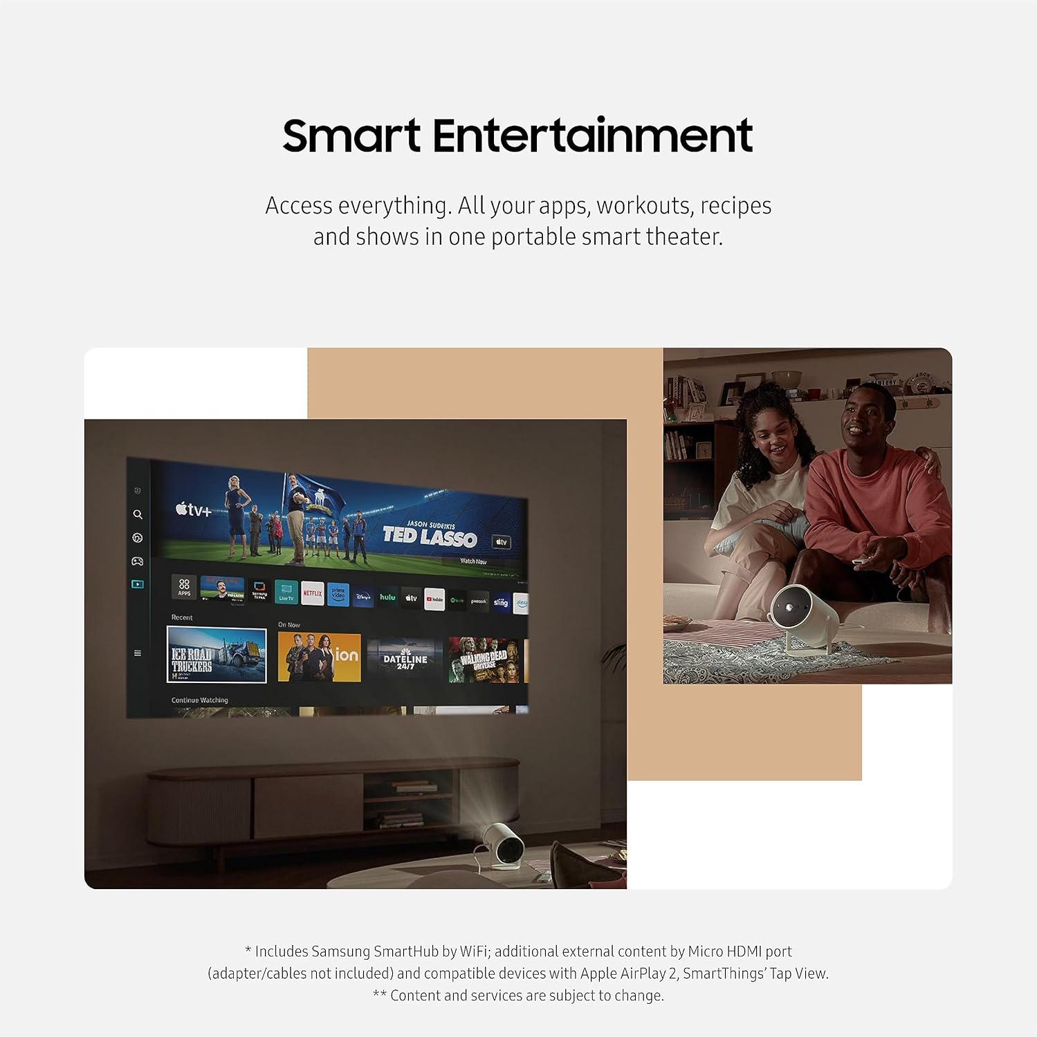SAMSUNG 30” - 100” The Freestyle with Gaming Hub Smart Portable Projector  FHD  HDR  Big Screen Home Theater Experience  360 Sound  SP-LFF3CLAXZA  2023 Model (Renewed)