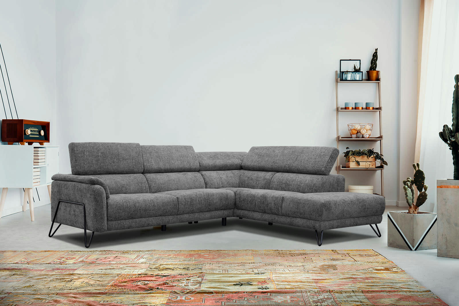 RODEN - Canapé d'angle droit 5 places tissu graphite