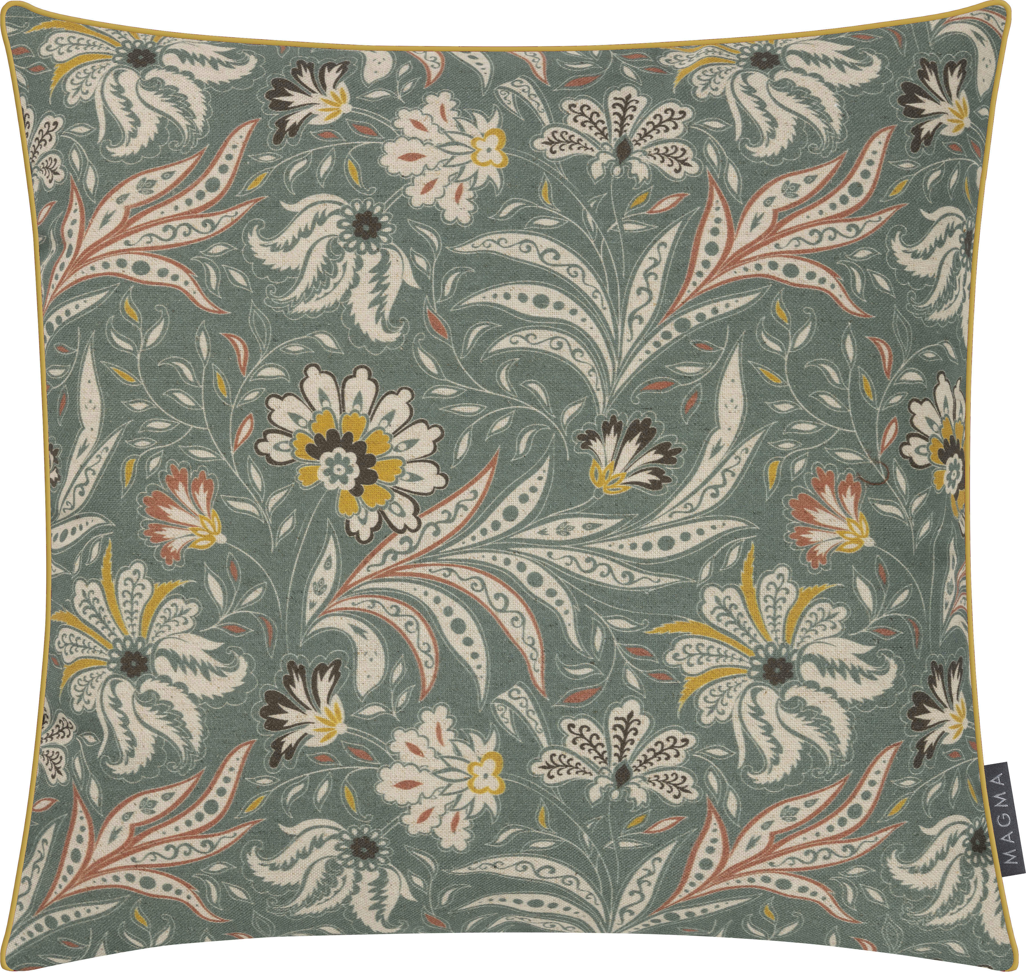 AJALA - Housse de coussin vert imprimées, passepoil jaune, coton- 45x45