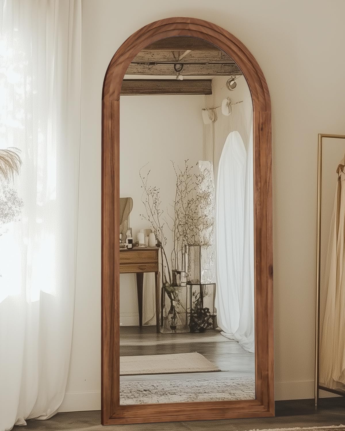 Full Length Mirror, 71×32 Wooden Mirror Full Length with Stand Wood Floor Mirror, Oversized Stand Up Mirrors Large Wall Mirrors, Wall Mounted Mirrors, Arched Vintage Style, Browm