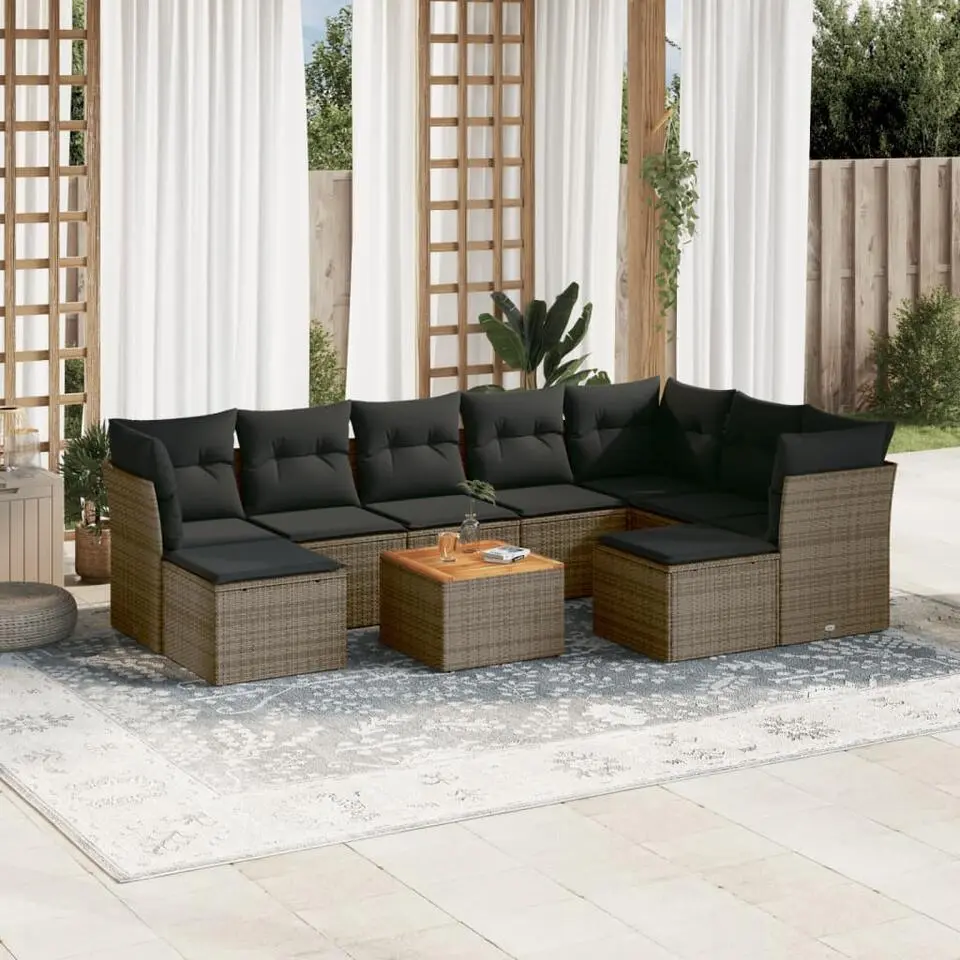 vidaXL Loungeset met kussens & hout salontafel - Grijs - Poly rattan - 10 stuks
