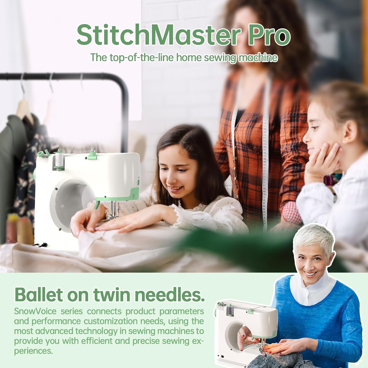 StitchMaster Pro:Ballet on twin needles.Sewing machine,sewing machine for beginners,Double needle and double thread,16 kinds of stitches.Sewing machine for Household,sewing machine for adults.white