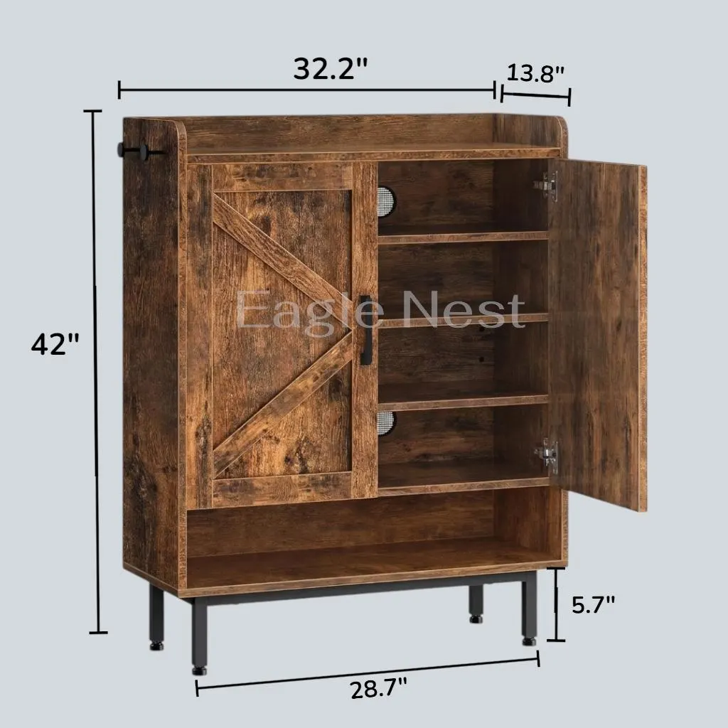 Farmhouse Shoe Storage Cabinet with Doors, Wooden Shoe Rack Organizer with Adjustable Shelves and Side Hooks, Entryway Hallway Foyer Storage