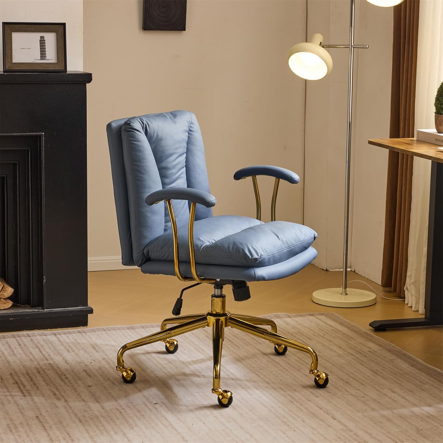 VINGLI Home Office Desk Chair Comfy with Wheels & Armrests,Gold Base Vanity Chair with Back,Adjustable Rolling Swivel Computer Task Chair for Study,Home Office,Cat Scratch PU,Navy Blue