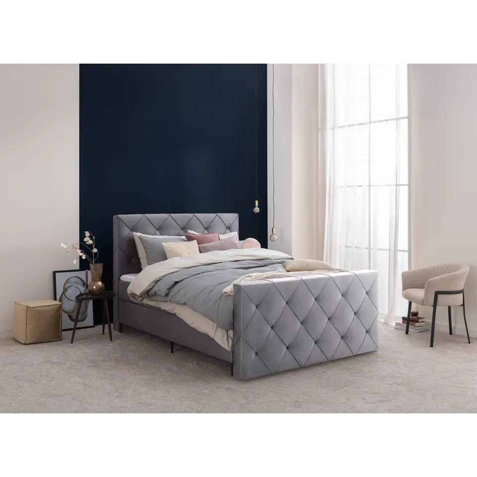 Boxspring met voetbord Liv geruit - grijs - 120x200 cm - slanke poot