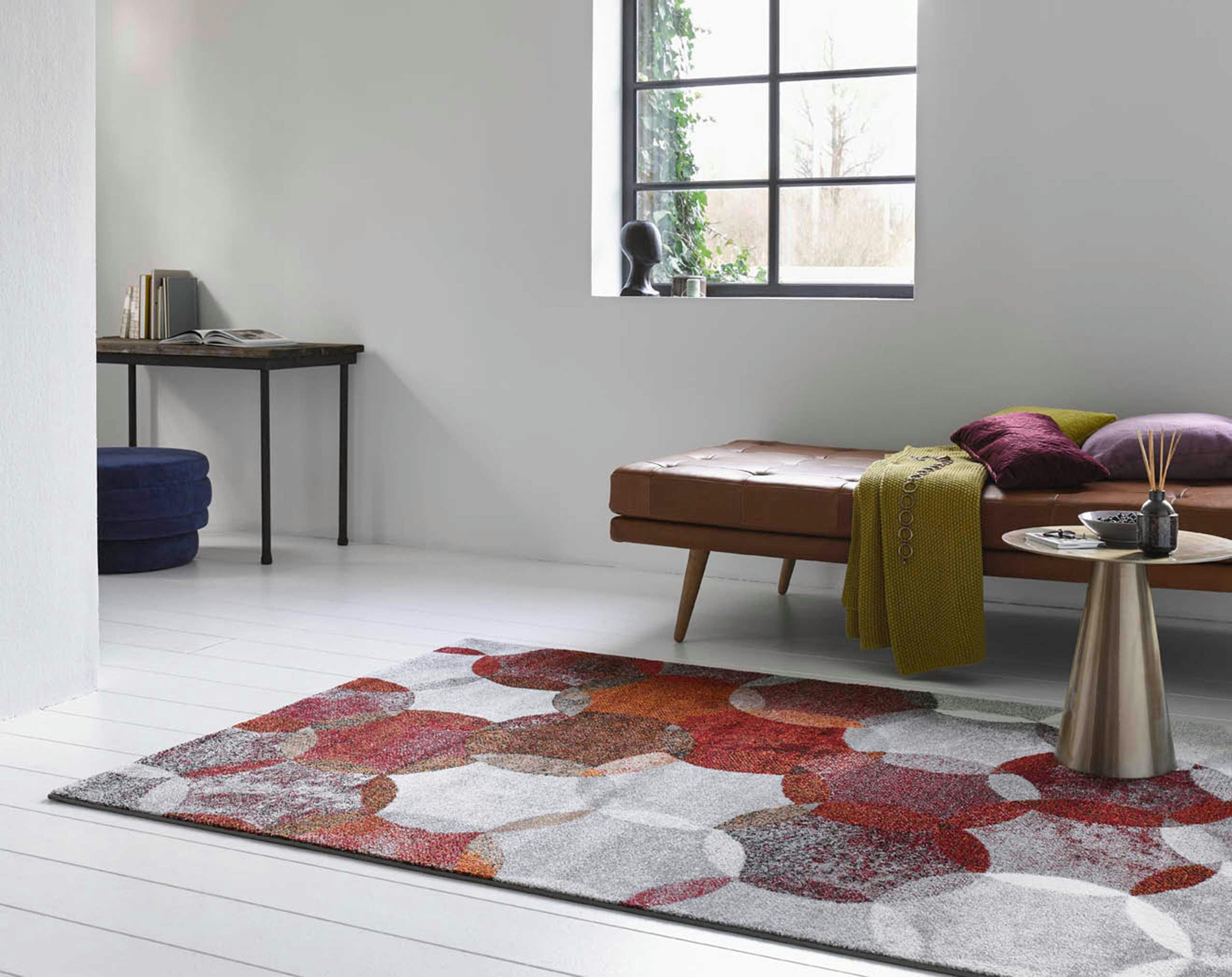 MODERNINA - Tapis motif cercles vintage rouge/gris pour salon, chambre 225x160