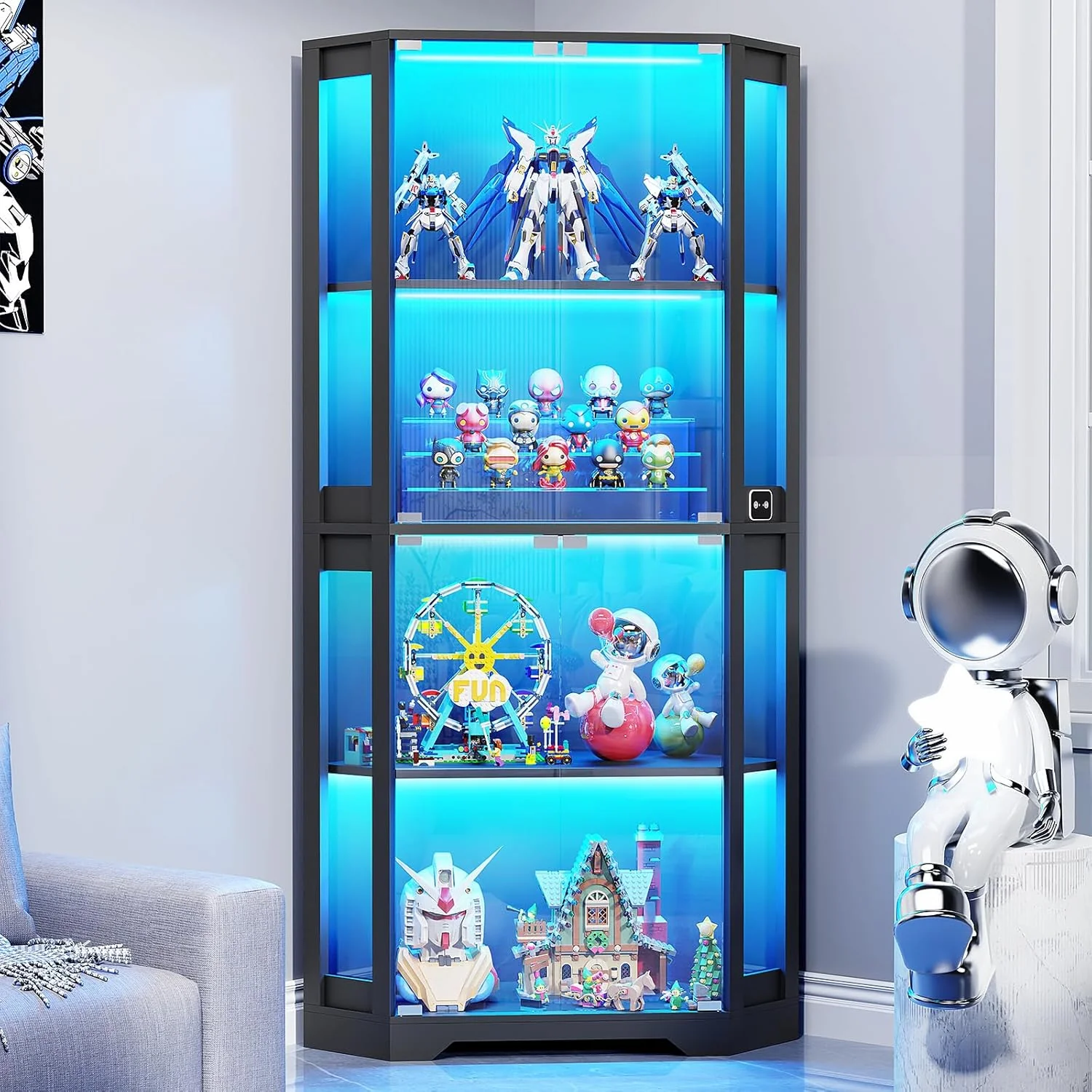 Corner Display Cabinet with Glass Doors, 65 Lighted Curio Cabinet with 3 Color Lights for Collectibles, 4-Tier Display Case Bookcase with Human Body Sensor for Toys, Books, Trophy, Black