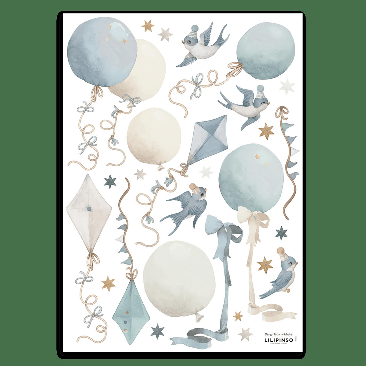 SELENE - Stickers muraux ballons et cerfs-volants en vinyle mat bleu