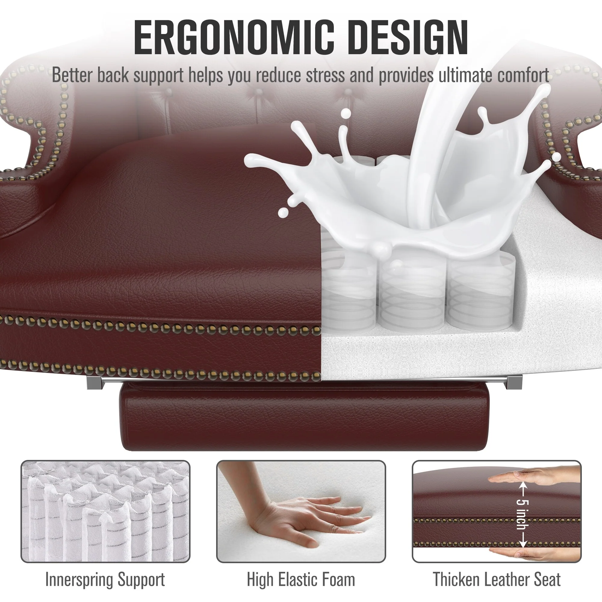Burgundy Ergonomic PU Leather Swivel Office Recliner with Footrest, Button-tufted Backrest, Nailhead Decoration