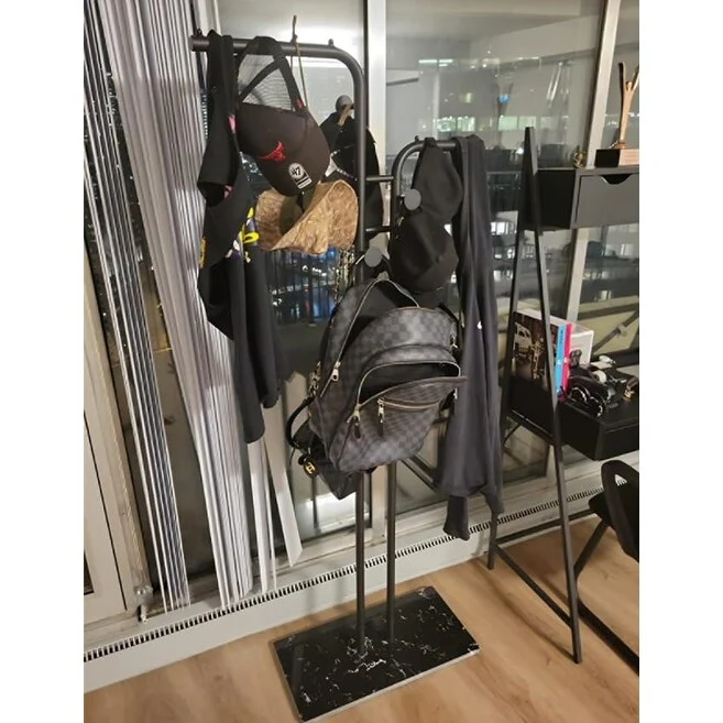 Double-pole Coat Rack Freestanding, Modern Metal Coat Racks Hanger Stand with 5 Hooks and Natural Marble Base