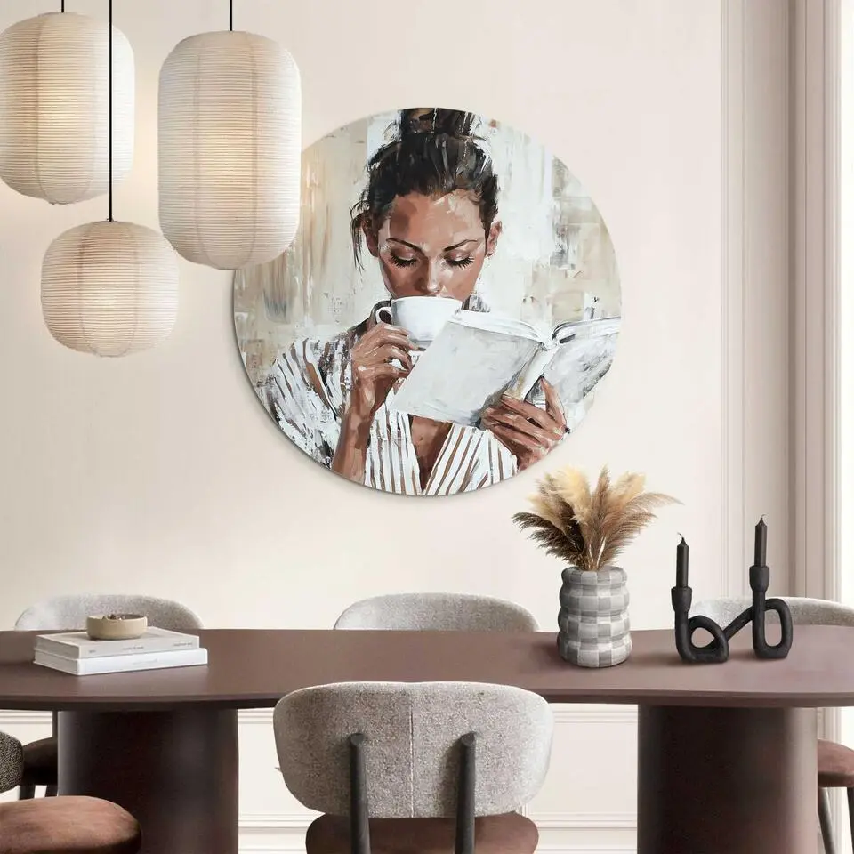Glasschilderij Ochtendkoffie met een Boek I - &Oslash; 70 - Beige
