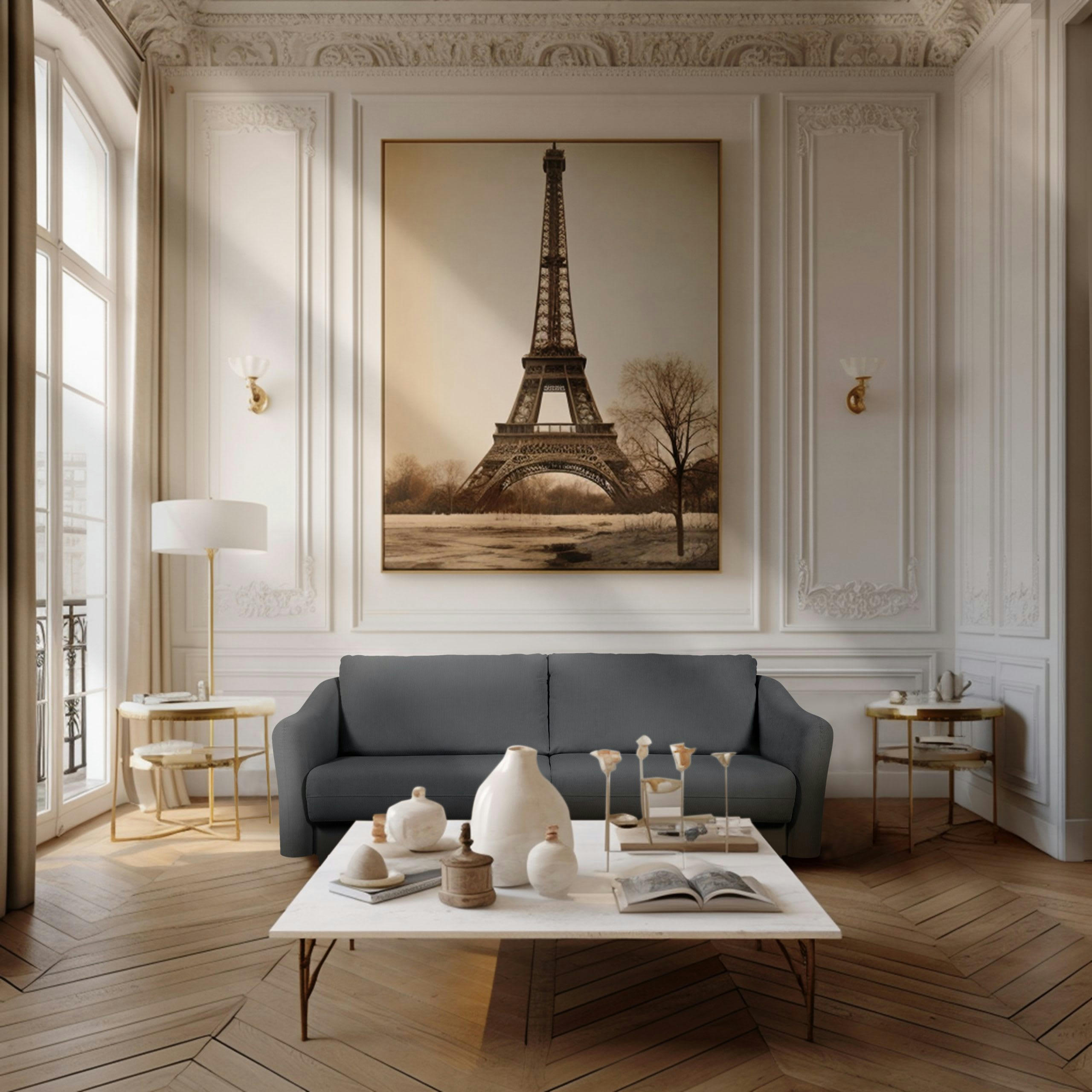 CHARDONNAY - Canapé droit convertible 3 places en velours côtelé gris