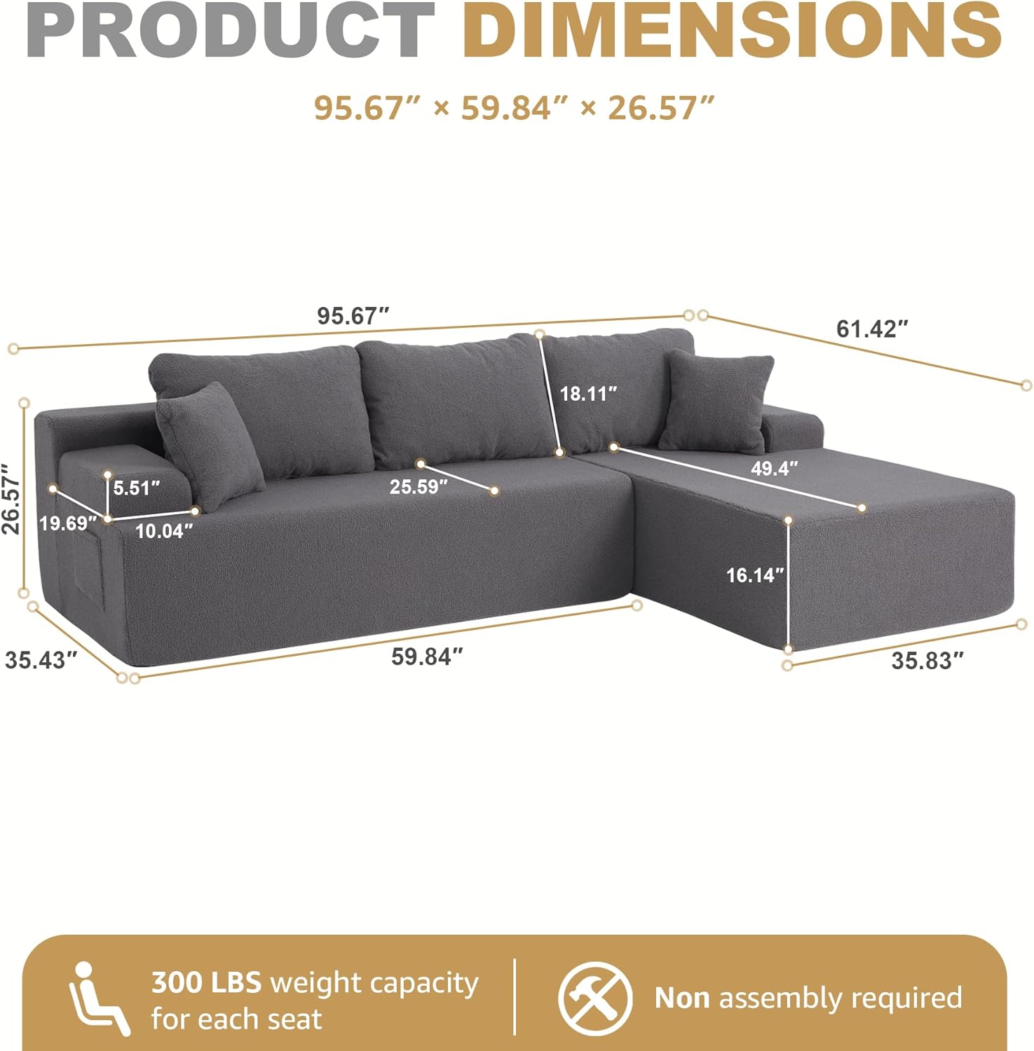 Hobestluk 96 Boneless Couches for Living Room Modular Cloud Sectional Sofa with Side Pocket No Assembly Memory Foam Couch L Shape Sofa with Chaise for Apartment(Grey,Right Facing Chaise)