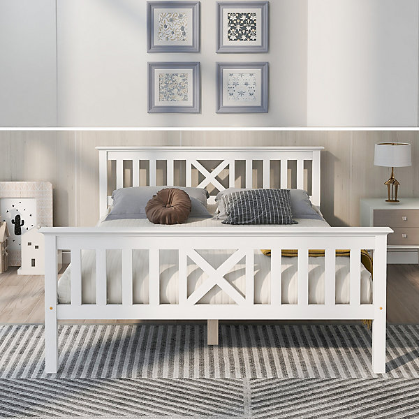 Lit double 140 x 200 cm - Lit classique avec tête de lit et sommier à lattes - Pin massif   MDF - Sans Matelas - Blanc
