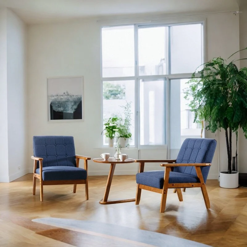 Set of 2 Accent Chairs with Side Table, Mid Century Armchairs Side Chair, Lounge Reading Comfy for Living Room, Bedroom, Navy