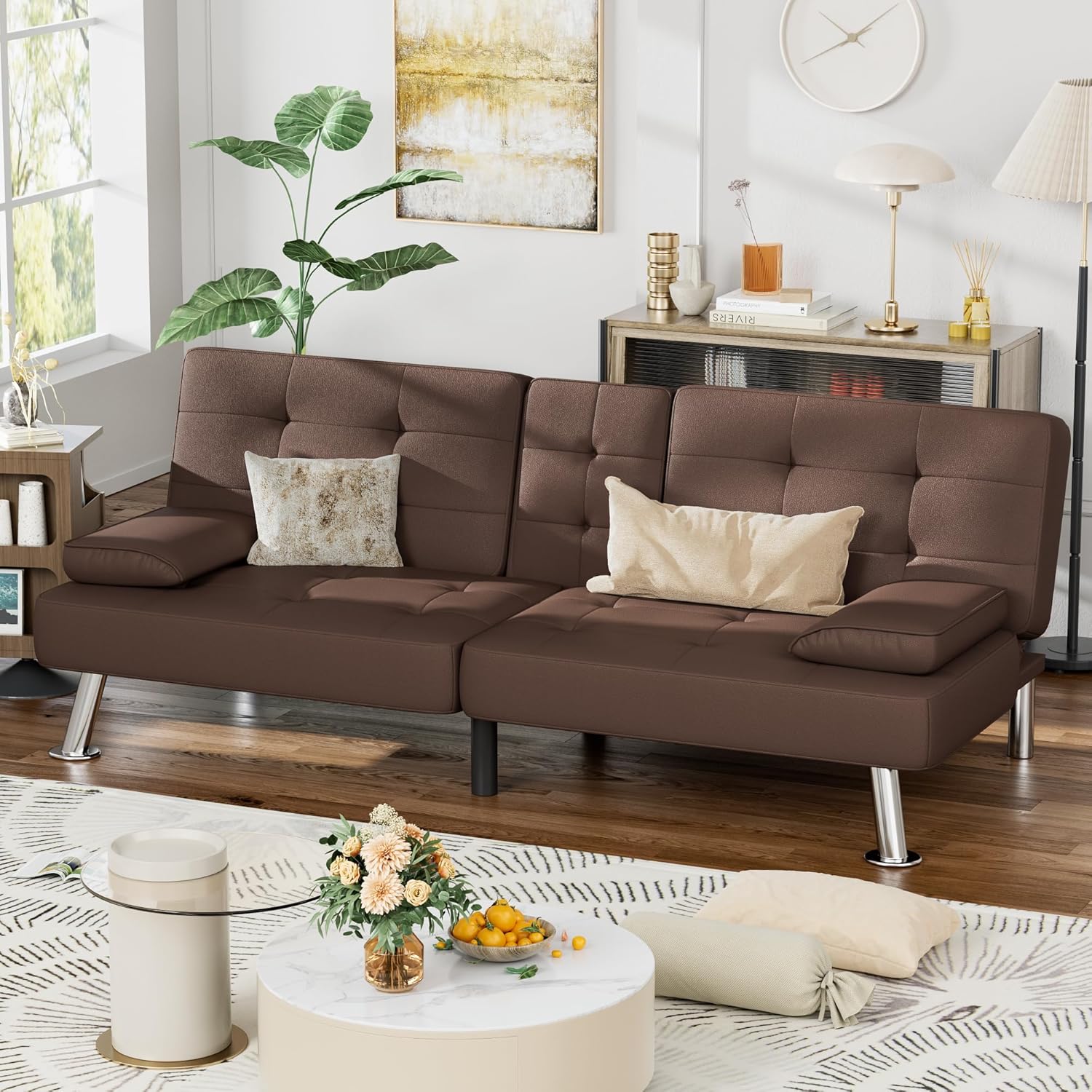 Homall Futon Sofa Bed, Leather Futon Couch with Removable Armrests, Adjustable Recliner Sleeper Sofa Bed with Dual Cup Holders for Living Room, Apartment, Office (Brown)