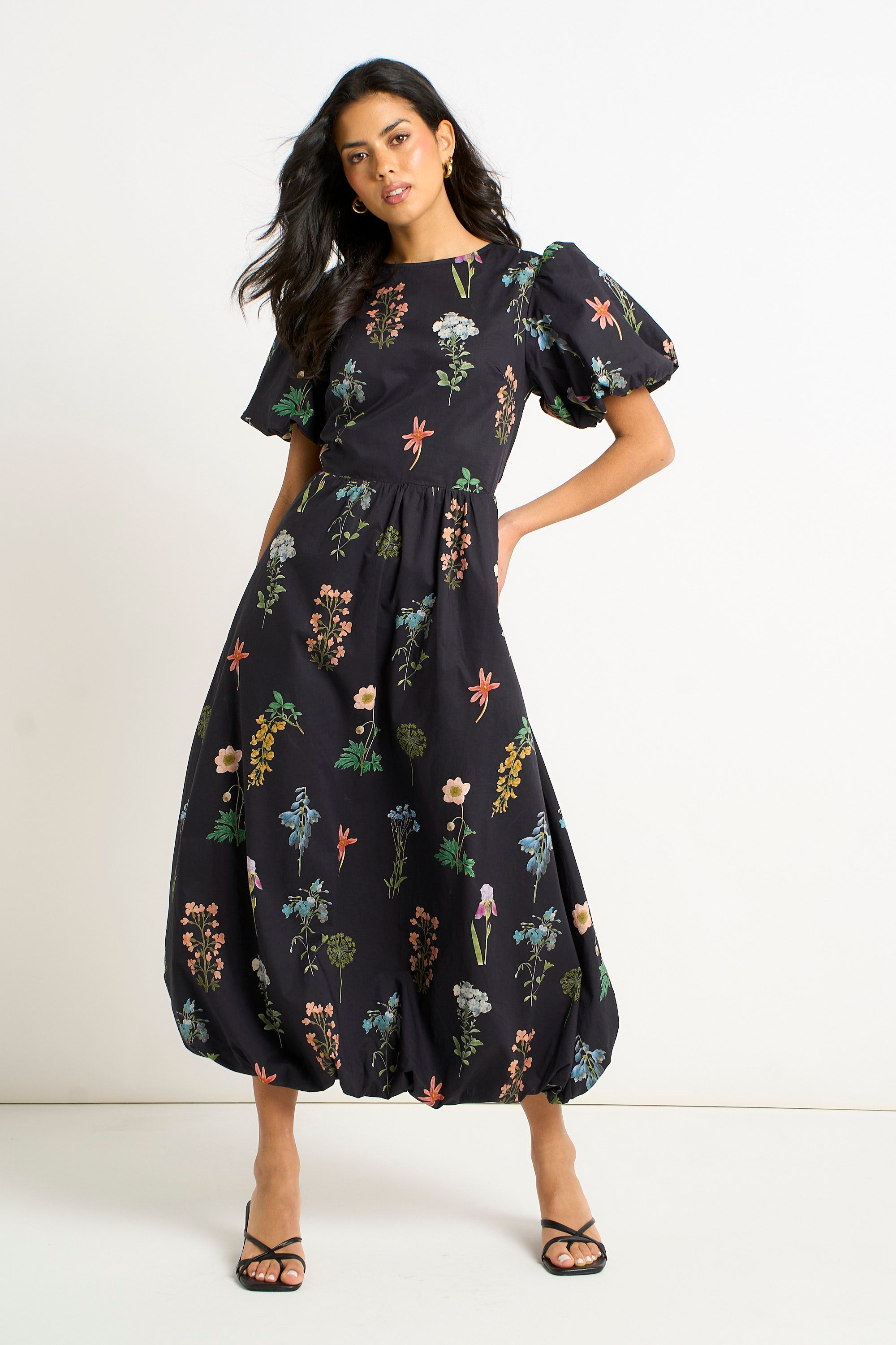 Gini London Navy Cotton Floral Print Puff Ball Midi Dress