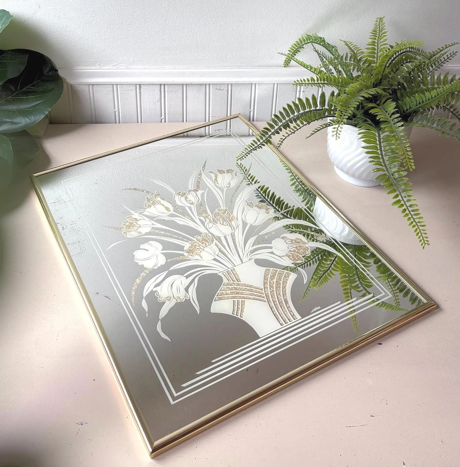 Signed Etched Floral Wall Mirror, Vintage 1970s Art Deco Revival Gold Foil Hollywood Regency Wall Decor
