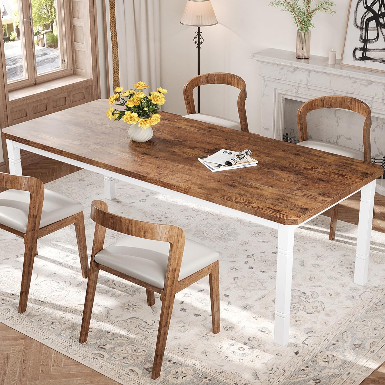 IDEALHOUSE 79 Dining Table for 6-8 People, Modern Rectangular Kitchen Table with Sturdy Metal Legs, Large Wood Farmhouse Dining Room Table for Home Office, Conference, White & Retro