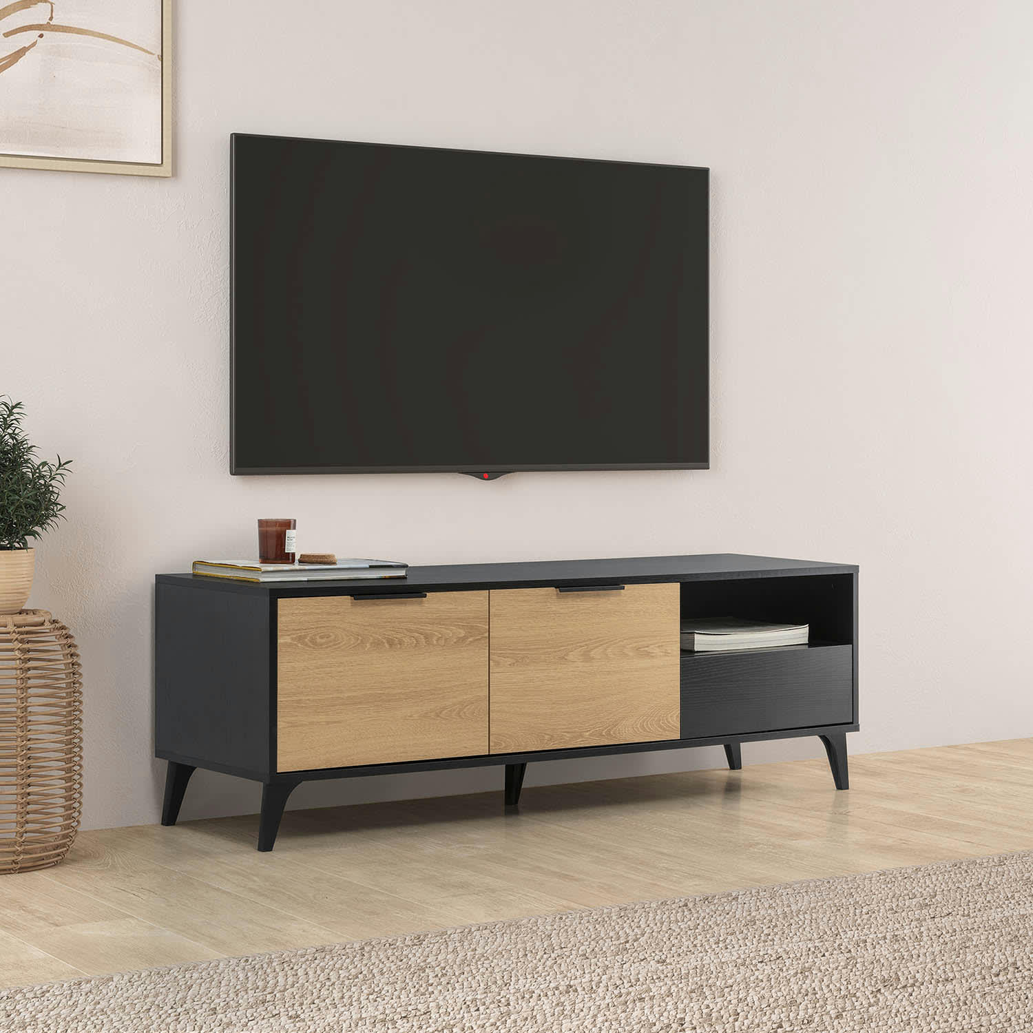 KALMA - Meuble TV 2 portes 1 tiroir noir/chêne, longueur 136 cm