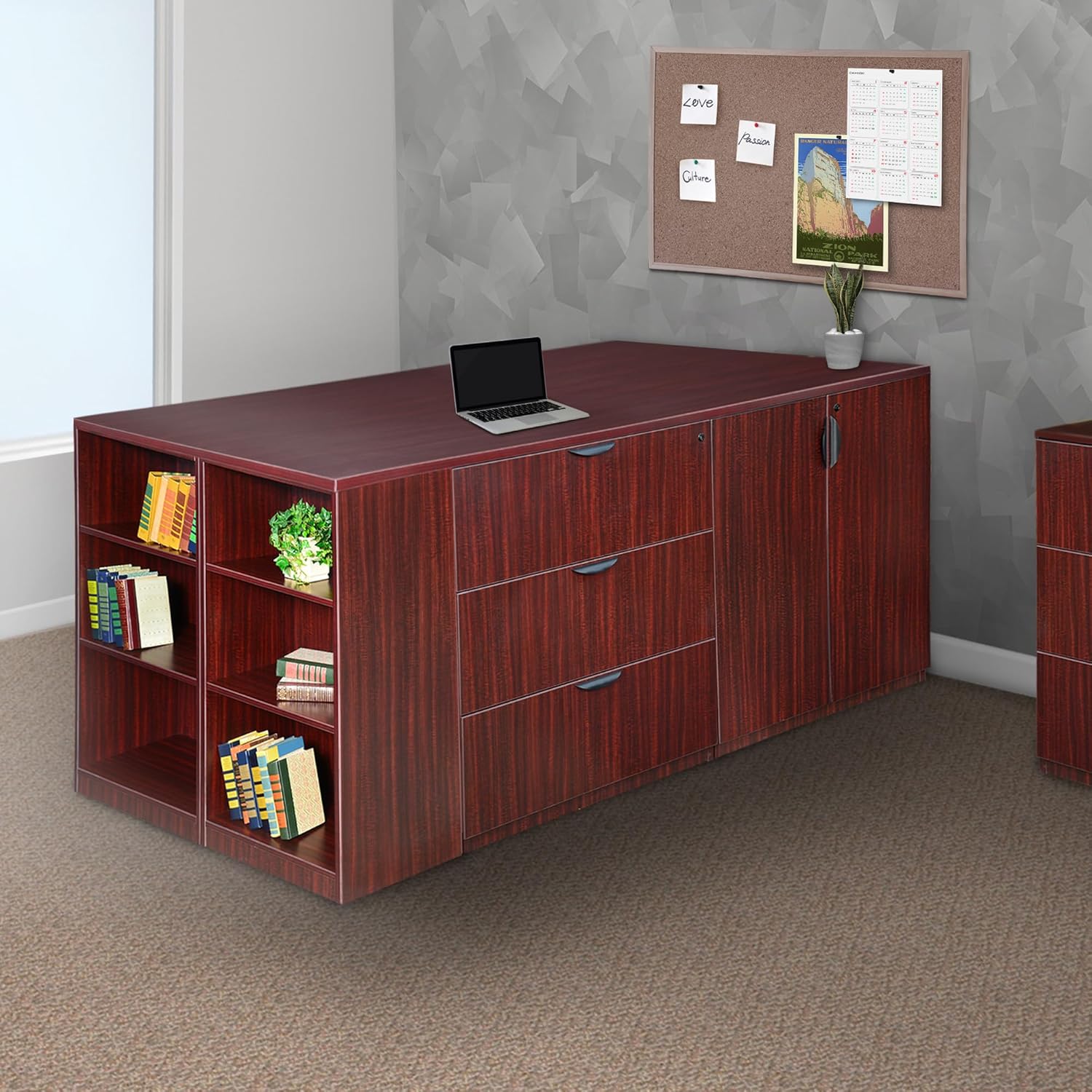 Regency Legacy Stand Up 2 Storage Cabinet/ 2 Lateral File Quad with Bookcase End- Mahogany