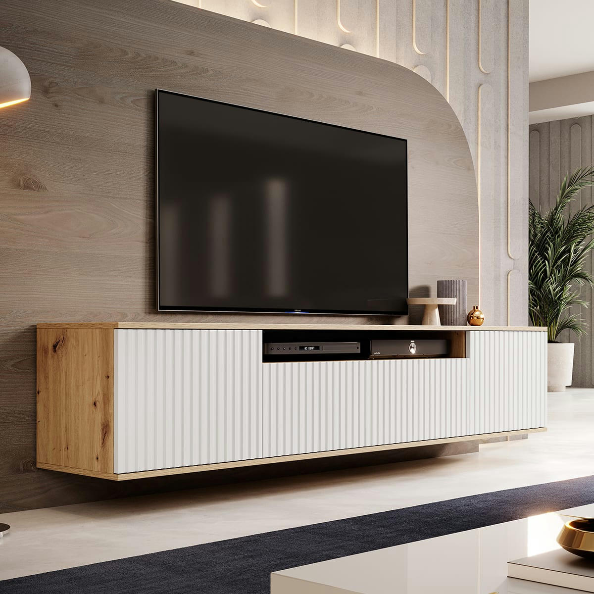 - Meuble TV mural 3 portes 200 cm stratifiés, métal naturel et blanc