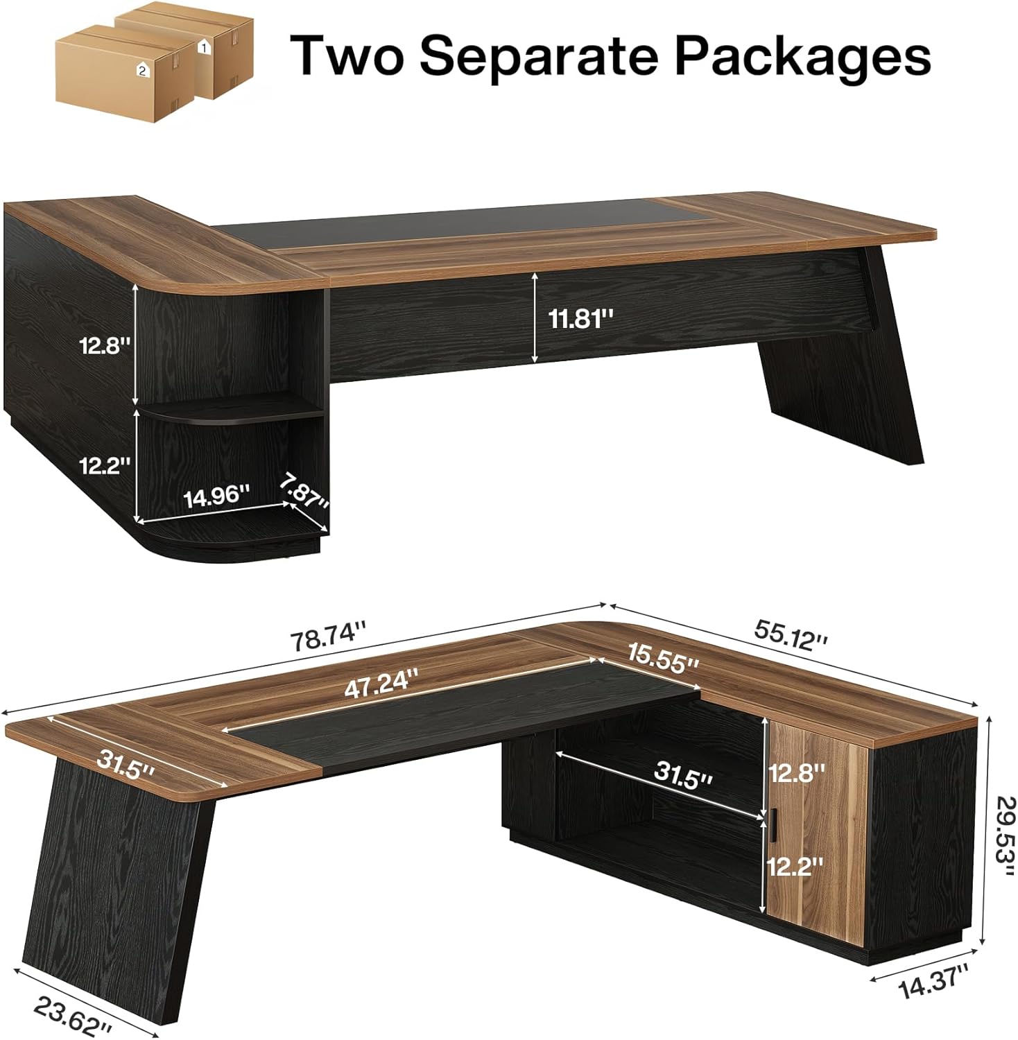 Tribesigns 79-Inch Executive Desk, Large Office Desk with Cabinet, L-Shaped Compter Desk with Storage Shelves, Writing Table for Home Office, Brown and Black