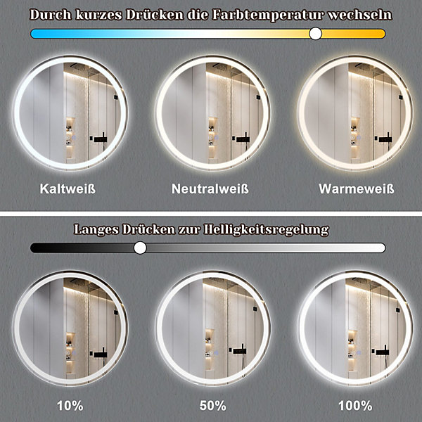 NETTLIFE Miroir lumineux salle de bain - Rond 60 cm LED, mural, interrupteur tactile, antibuée, IP44, réglable 3000K-6500K